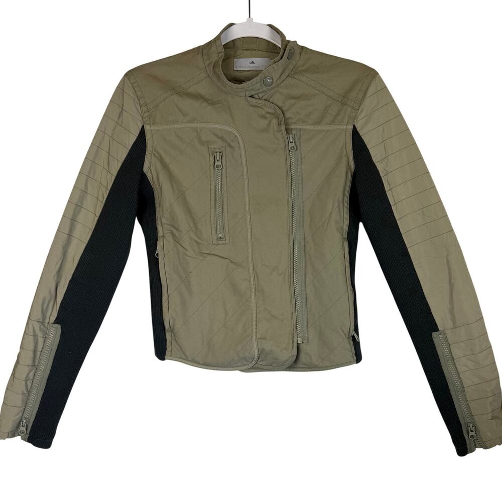 Adidas‎ Stella McCartney Moto Biker Crop Jacket Women Size S Khaki Green Cotton